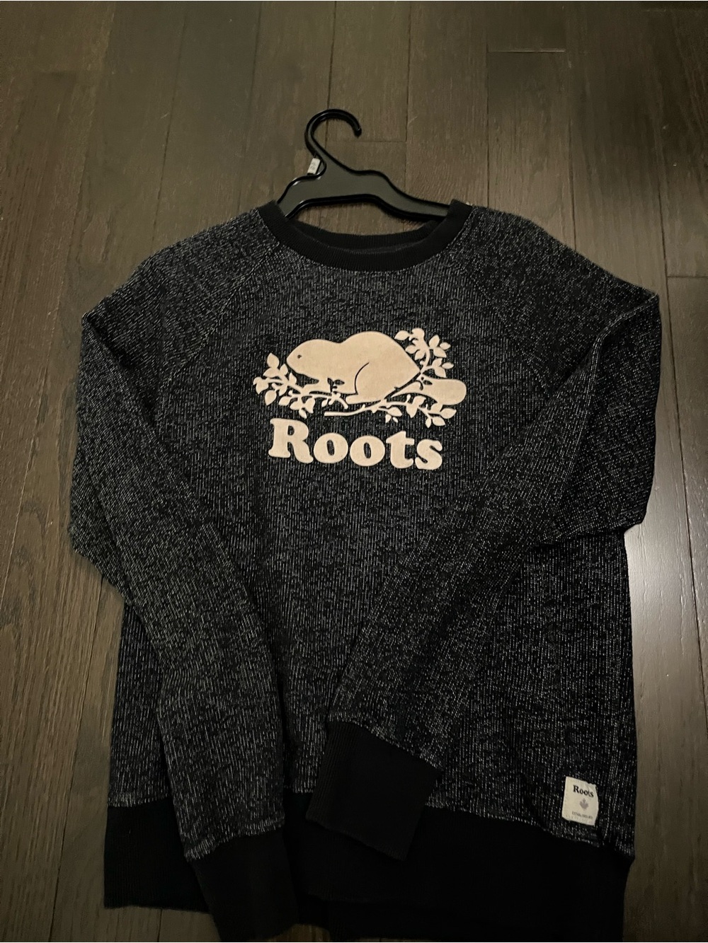 Roots Black Marled Crewneck Sweatshirt with Cream Logo